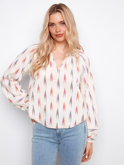 Charlie B Printed Long Sleeve Raglan Blouse With V-Neck Collar