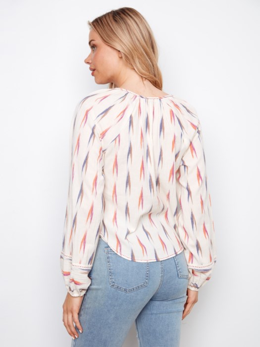 Charlie B Printed Long Sleeve Raglan Blouse With V-Neck Collar