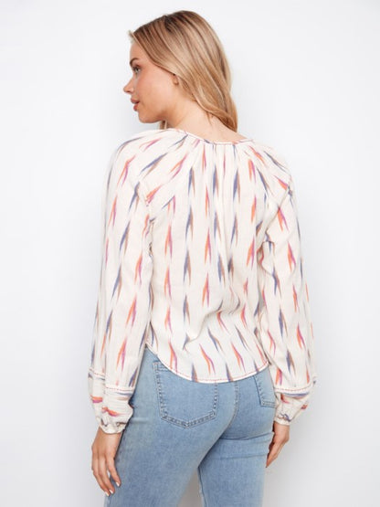 Charlie B Printed Long Sleeve Raglan Blouse With V-Neck Collar