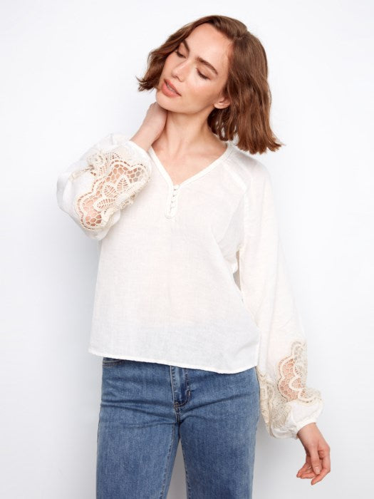 Charlie B White Embroidered Linen Blend Blouse