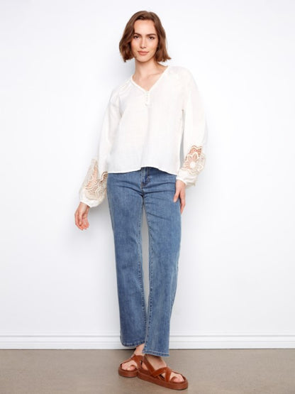 Charlie B White Embroidered Linen Blend Blouse