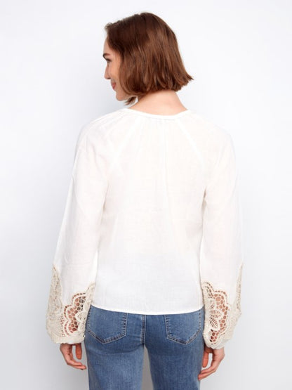 Charlie B White Embroidered Linen Blend Blouse
