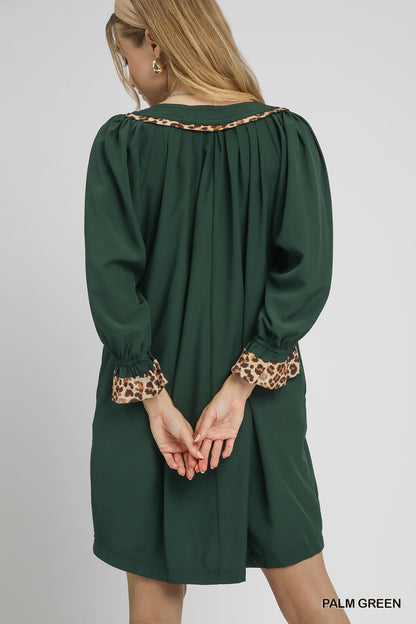Umgee Tunic Dress with Leopard Trim Accents - green