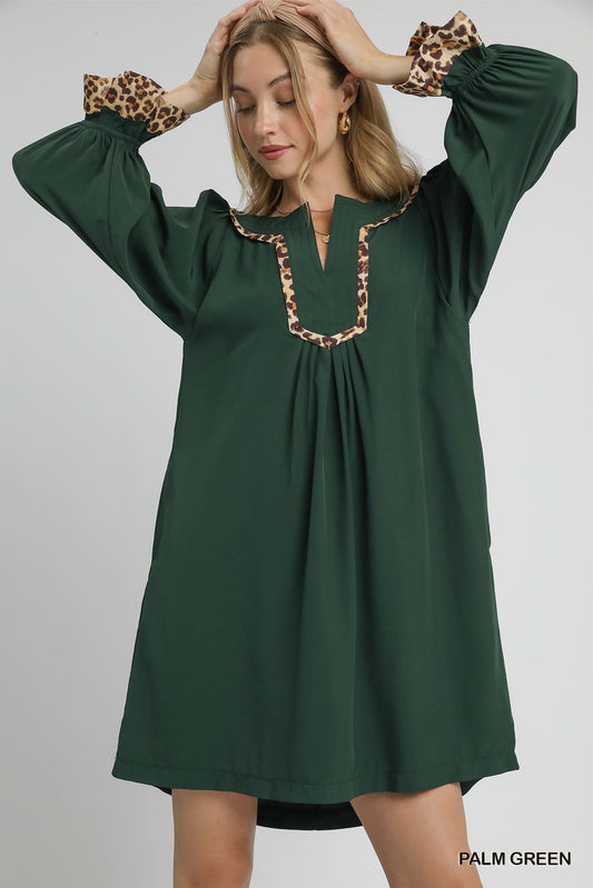 Umgee Tunic Dress with Leopard Trim Accents - green