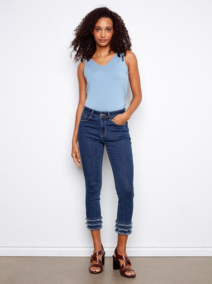 Charlie B Indigo Stretch Denim Cropped Skinny Pants With Frayed Hem Details