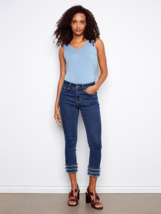 Charlie B Indigo Stretch Denim Cropped Skinny Pants With Frayed Hem Details
