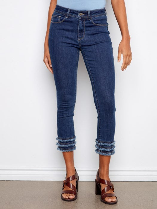 Charlie B Indigo Stretch Denim Cropped Skinny Pants With Frayed Hem Details