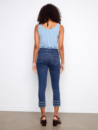 Charlie B Indigo Stretch Denim Cropped Skinny Pants With Frayed Hem Details