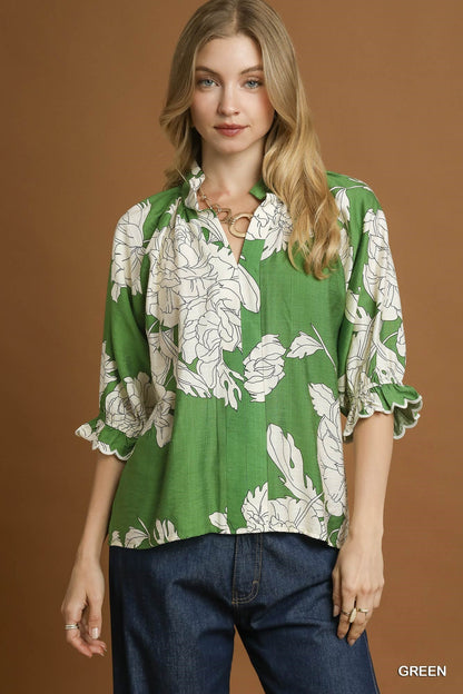 Umgee Peony Print High Neck Top - Green