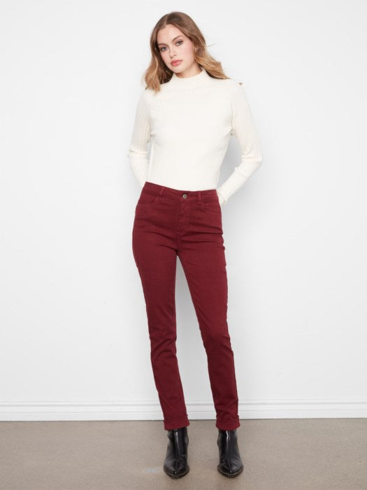 Charlie B merlot slim fit twill pants with cuffed hems and five-pocket styling
