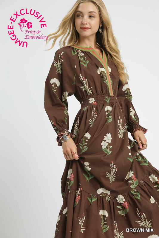 Umgee Floral Print V Neck Midi Dress with Ruffled Details