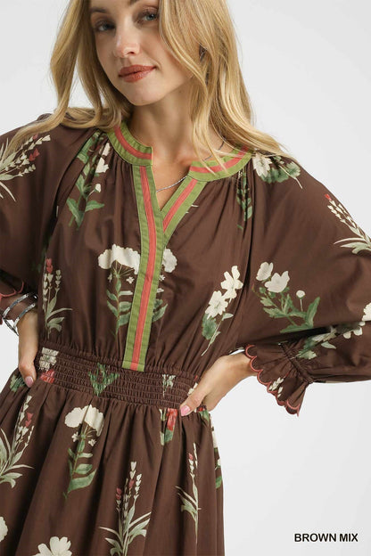 Umgee Floral Print V Neck Midi Dress with Ruffled Details