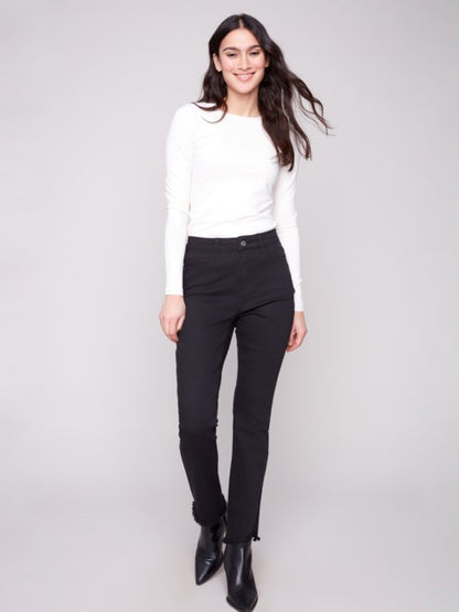 Charlie B Black Bootcut Twill Pants With Asymmetrical Hem