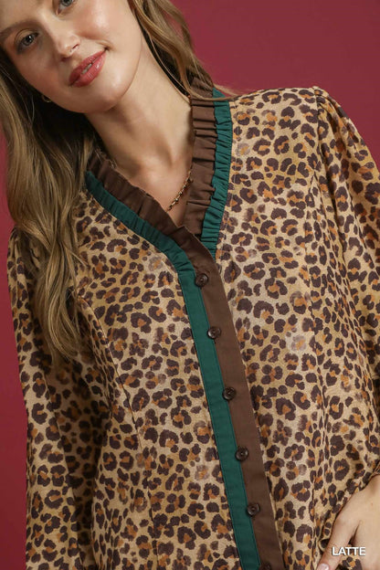 Umgee Ruffle Trim Leopard Print Blouse
