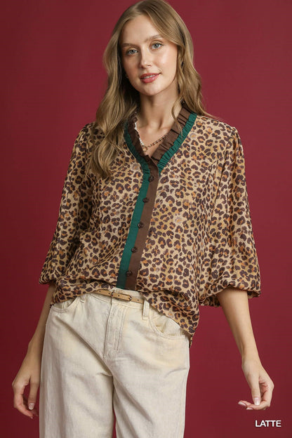 Umgee Ruffle Trim Leopard Print Blouse