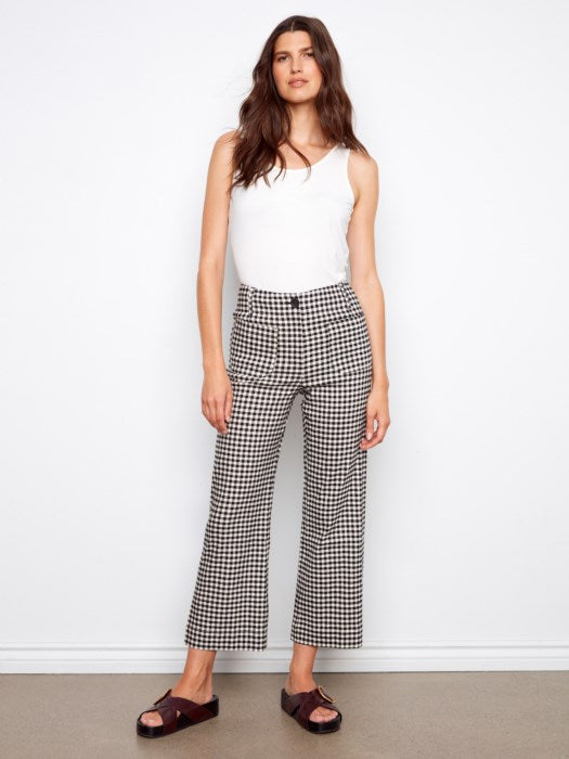 Charlie B gingham cropped linen blend pants for women, modest boutique summer pants, lightweight cropped gingham trousers for church and casual wear, affordable Charlie B fashion below retail price