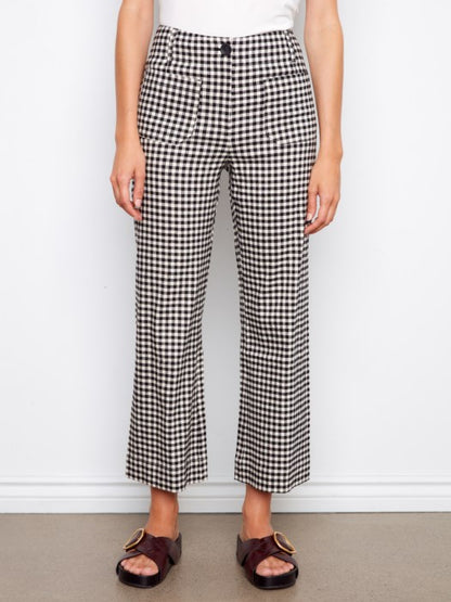 Charlie B Close Up Details gingham cropped linen blend pants for women, modest boutique summer pants, lightweight cropped gingham trousers for church and casual wear, affordable Charlie B fashion below retail price