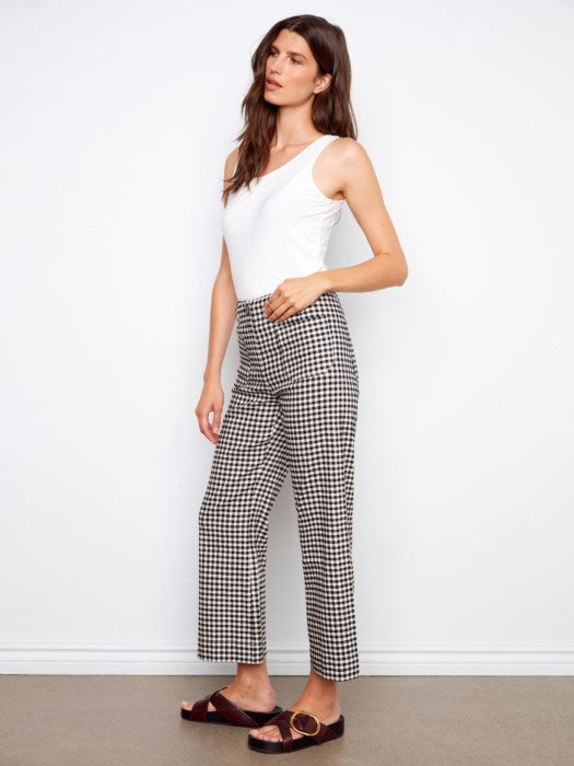Charlie B Side View gingham cropped linen blend pants for women, modest boutique summer pants, lightweight cropped gingham trousers for church and casual wear, affordable Charlie B fashion below retail price