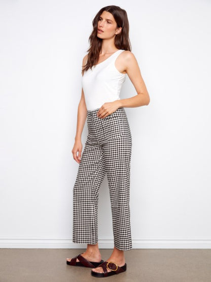 Charlie B Side View gingham cropped linen blend pants for women, modest boutique summer pants, lightweight cropped gingham trousers for church and casual wear, affordable Charlie B fashion below retail price