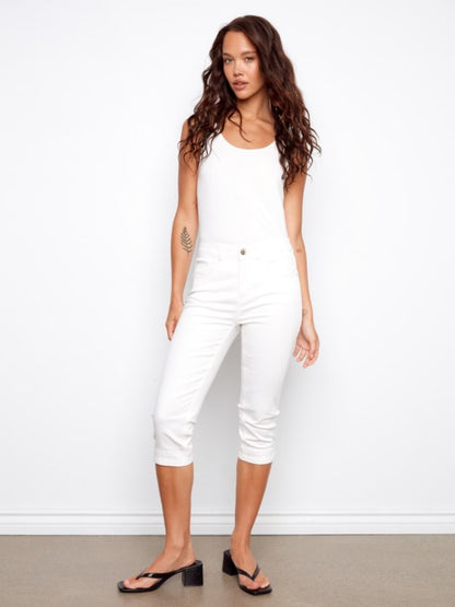 Charlie B white twill capri pants for women, modest boutique white cropped pants, affordable Charlie B fashion below retail price, lightweight capris for church and summer outfits