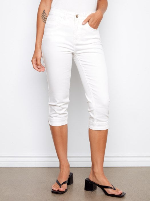 Cloe up of White Charlie B Capri Pants. Affordable  price. 