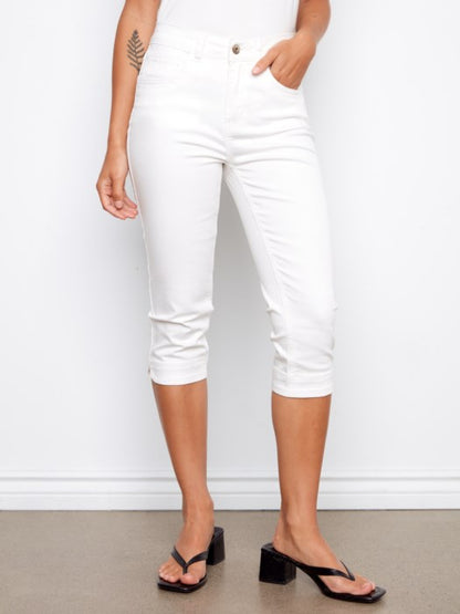 Cloe up of White Charlie B Capri Pants. Affordable  price. 