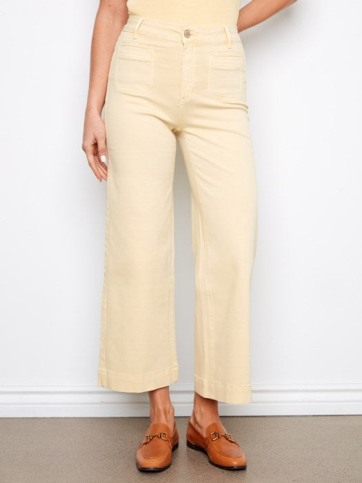 Charlie B butter twill cropped flare pants for women, patch pocket boutique cropped flare trousers, affordable Charlie B pants below retail price, modest casual church outfit pants for women 30-60