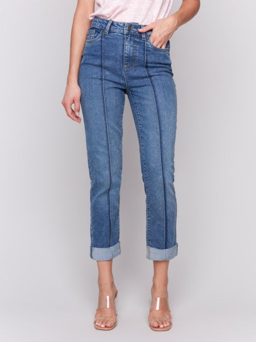 Charlie B Slim Cropped Pin Tuck Jeans with Cuffed Hem