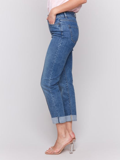 Charlie B Slim Cropped Pin Tuck Jeans with Cuffed Hem