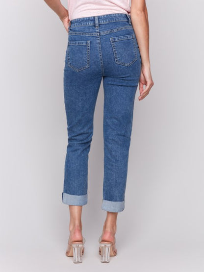 Charlie B Slim Cropped Pin Tuck Jeans with Cuffed Hem