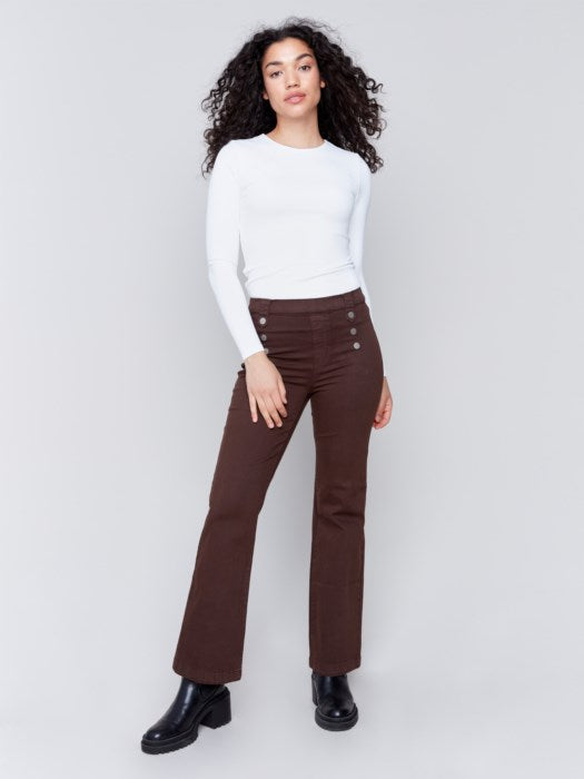 Charlie B Mocha Pull-On Flare Twill Pants with Front Buttons