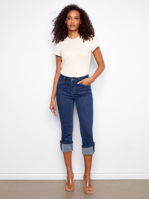 Charlie B Indigo Cropped Jeans With Snap Button Cuff