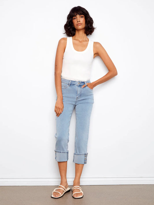 Charlie B Light Blue Cropped Jeans With Snap Button Cuff