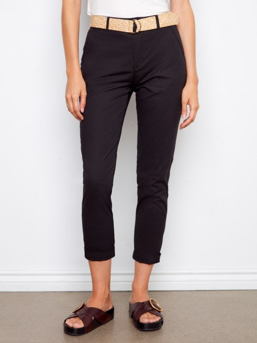 Charlie B black slim fit pants with belt for women, modest boutique dress pants, affordable Charlie B trousers below retail price, Belt Included