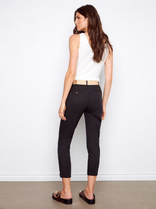 Charlie B back view black slim fit pants with belt for women, modest boutique dress pants, affordable Charlie B trousers below retail price, stylish church and workwear pants 