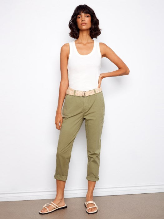 Charlie B Celadon Slim Fit Pants With Belt