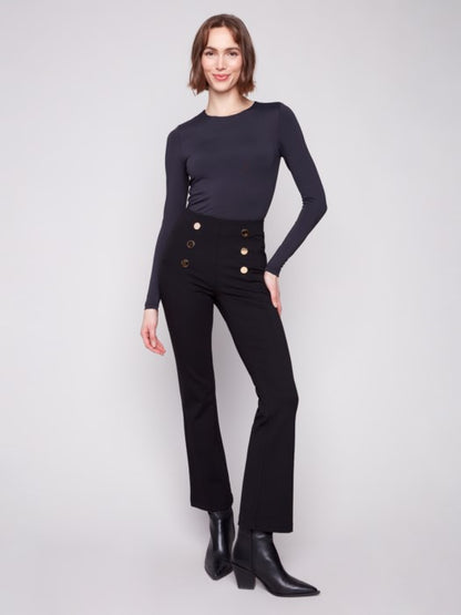 Charlie B Black Flare Ponte Pull-On Pants With Front Buttons