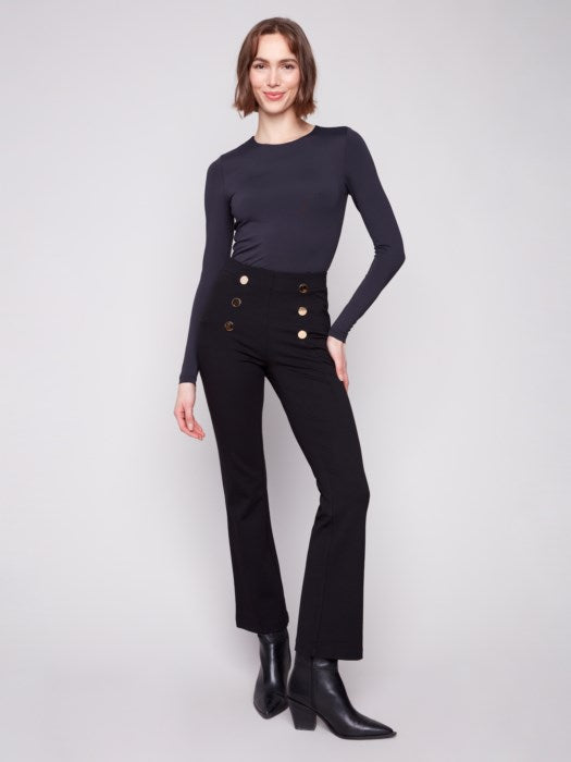 Charlie B Black Flare Ponte Pull-On Pants With Front Buttons