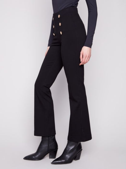 Charlie B Black Flare Ponte Pull-On Pants With Front Buttons