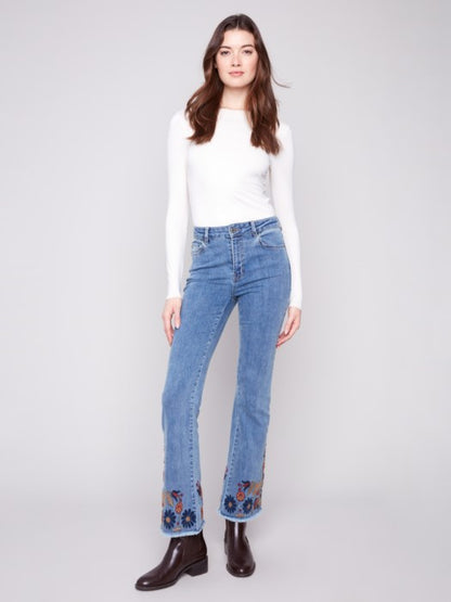 Charlie B Flare Leg Jeans With Colorful Floral Embroidery