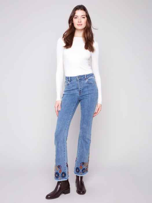 Charlie B Flare Leg Jeans With Colorful Floral Embroidery