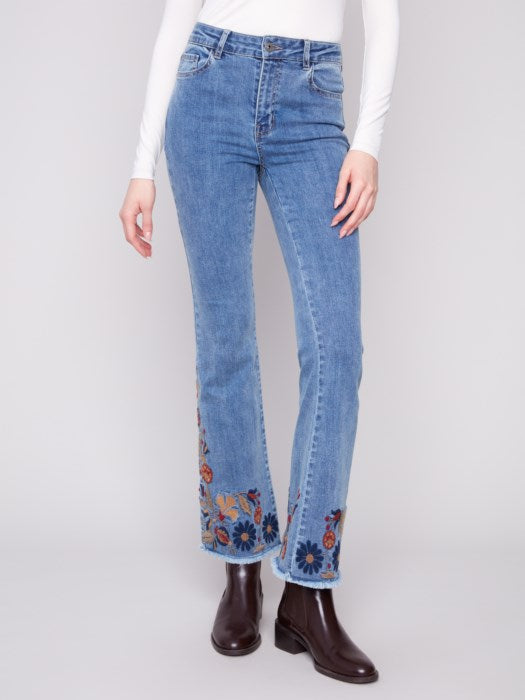 Charlie B Flare Leg Jeans With Colorful Floral Embroidery