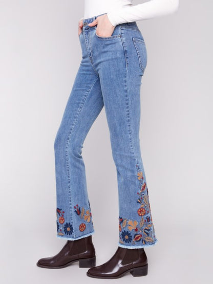 Charlie B Flare Leg Jeans With Colorful Floral Embroidery