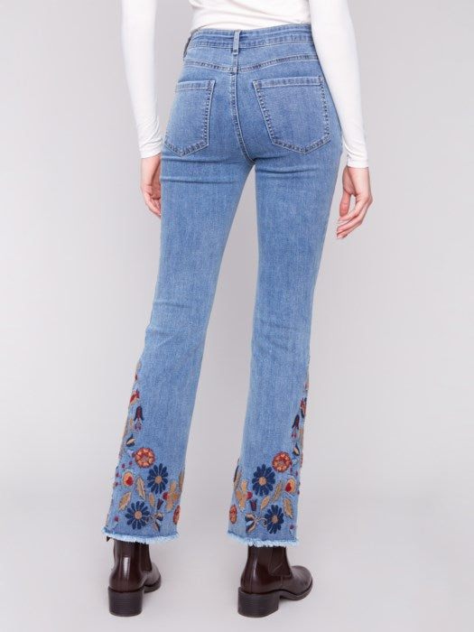 Charlie B Flare Leg Jeans With Colorful Floral Embroidery