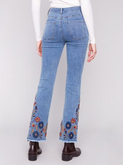 Charlie B Flare Leg Jeans With Colorful Floral Embroidery