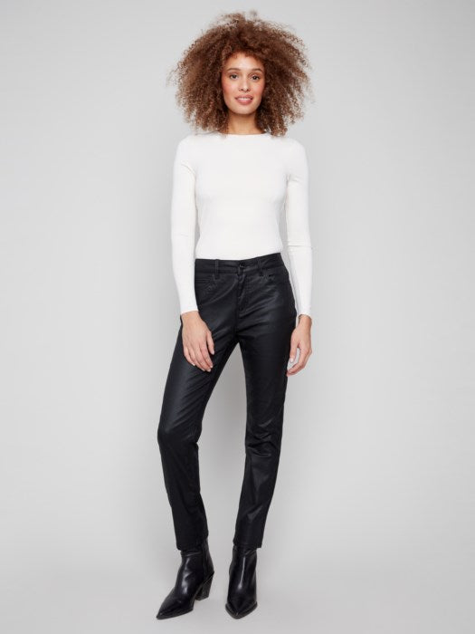 Charlie B Black Slim Leg Metallic Wax Twill Pants