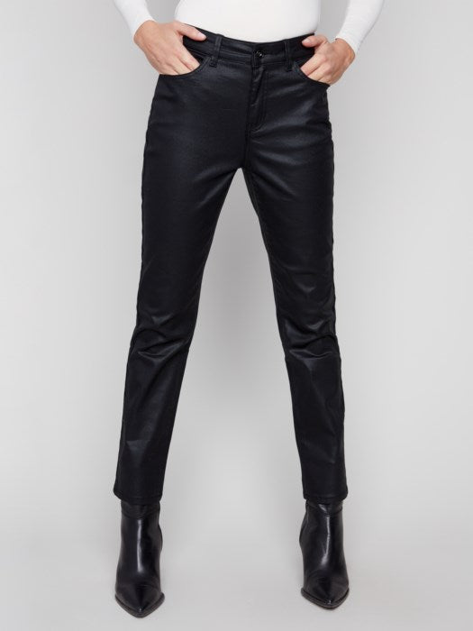 Charlie B Black Slim Leg Metallic Wax Twill Pants