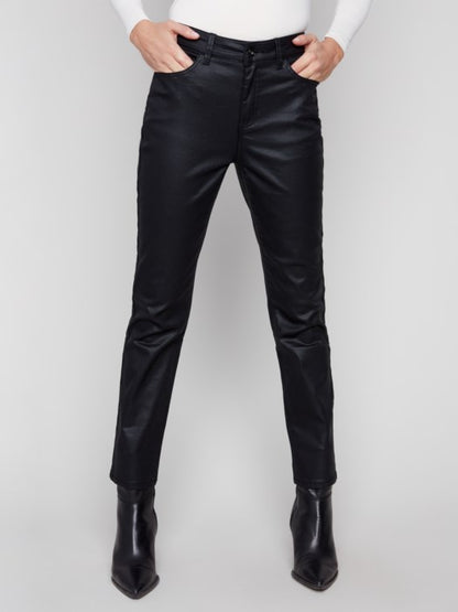 Charlie B Black Slim Leg Metallic Wax Twill Pants