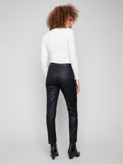 Charlie B Black Slim Leg Metallic Wax Twill Pants