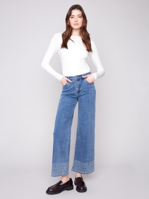 Charlie B Medium Blue Wide Leg Jeans With Studded Hem